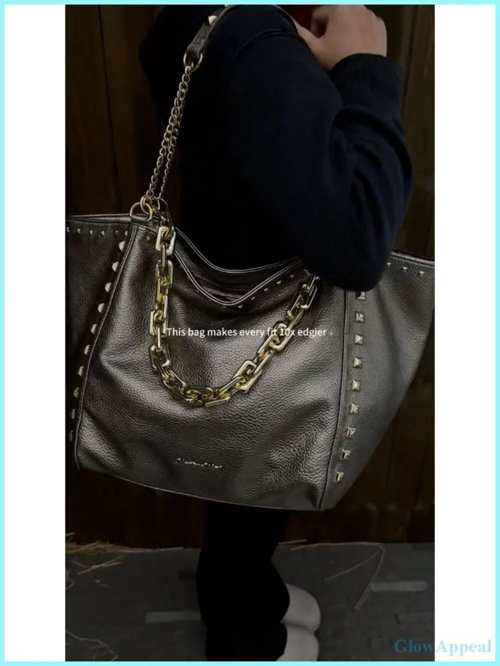 Oversized Vegan Leather Hobo Tote with Chain Handle